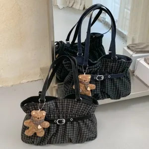 Women's Plaid Woolen Tote Bag Pleated Minimalist Shoulder Underarm Bag Vintage Crossbody Bag With Teddy Bear Charm Fashion Satchel Bag