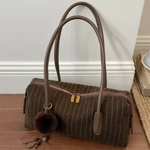 Vintage Woven Texture Baguette Bag For Women PU Leather Shoulder Bag Fashion Commuter Underarm Bag With Fur Ball Pendant