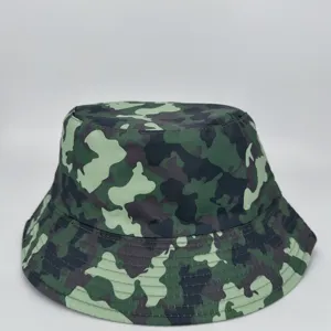 Front view showing green camouflage fabric, shaped crown, and neatly stitched bucket hat brim
