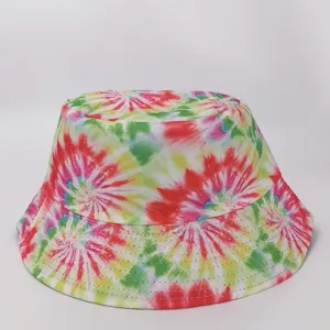Multicolor tie-dye bucket hat displayed on white, with parallel stitched lines around the brim