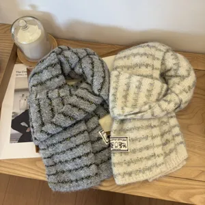 Retro Gestreifter Verdickter Strickschal Für Damen Herbst Winter Wollmischung Warmer Hals Schal Vintage Muster Kontrastfarbe Nackenwärmer
