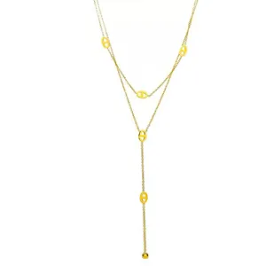 Gold-tone double-layer necklace with oval links and a Y-shaped drop chain ending in a round bead