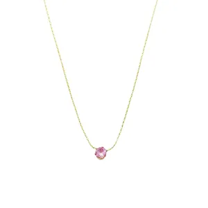 Fine gold-tone titanium steel necklace with a single pink round-cut zircon pendant, shown flat