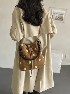 Bolso Saco de Fieltro Retro para Mujer Con Asa de Cuentas de Madera Bordado Paisley de Lunares Gran Capacidad Cordón Bandoulière