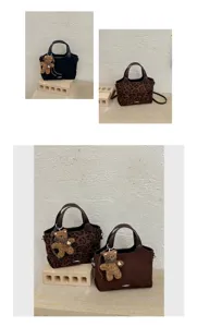 Three suede-textured handbags in black, leopard brown and dark brown, shown with teddy bear charms