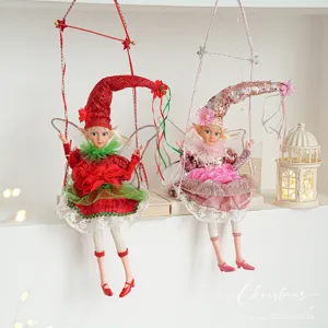 Christmas Elf Fairy Music Box Hanging Ornament Sequin Lace Fabric Doll On Swing For Festive Party Decoration Home Decor