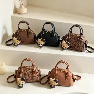 Vintage Femmes Suède Boston Sac Coquille Avec Imprimé Léopard Mode Surpiqûres Sac à Main Polyvalent Bandoulière Petit Sac Quotidien