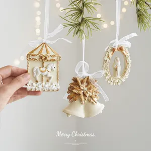 Elegant Christmas Resin Hanging Ornaments Cream White Hand-Painted Gold Details Santa Claus Carousel Train Bell Xmas Tree Decorations