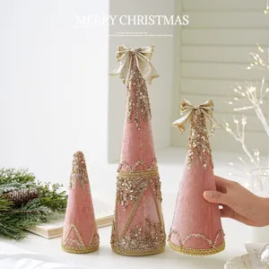 Pink Velvet Christmas Tree Star Heart Hanging Ornaments With Gold Sequins Bowknot Tassels For Christmas Tree Decoration Festive Holiday Party Decor