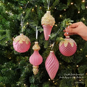 Luxury Frosted Glass Christmas Ornaments Glitter Wave Pattern Bulbous Hanging Decoration For Christmas Tree Home Party Decor Pink Gold White