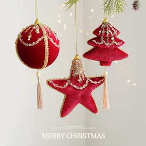 Luxurious Wine Red Velvet Christmas Ornaments Gold Sequin Glitter Foam Star Heart Tree Hanging Decoration For Xmas Party Holiday Home Decor