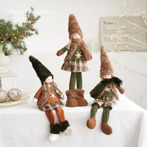 Handmade Christmas Fabric Long Legged Girl Doll Ornament With Plaid Skirt Hat Snowflake Decoration For Home Holiday Party Desktop Decor