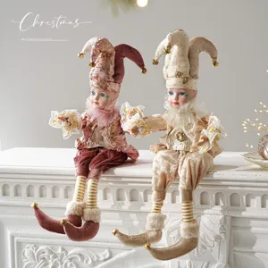 Vintage Christmas Jester Elf Fabric Musical Ornament With Metal Bells Velvet Sequin Long Leg Clown Doll For Home Party Holiday Decor