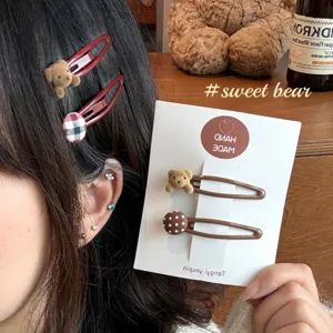 Korean Style Sweet Bear Hair Clip Plaid Polka Dot BB Clip Heart Hairpin For Women Girls Cute Handmade Hair Accessories Fringe Clip