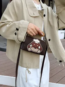 Niche Vintage Suede Texture Boston Bag For Women Cartoon Chef Dog Embroidery Crossbody Pillow Bag With Plush Croissant Handle Retro Fashion Handbag