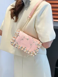 Women Korean Lace Floral Embroidery Square Bag Fashion Chain Shoulder Crossbody Bag Sweet Artificial Pearl Decor PU Bag