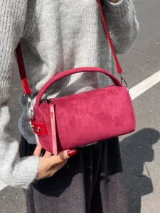 Sac Boston Femme Texture Daim Rétro Cylindrique Sac à Épaule PU Givré Petit Sac Bandoulière Quotidien