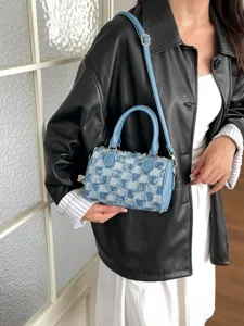 Women Checkerboard Denim Crossbody Bag Frayed Edge Small Square Bag Star Pendant Shoulder Bag Fabric Boston Handbag