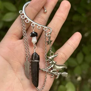 Forest Witch Elf Style Mushroom Crystal Tassel Ear Cuff Alloy Stainless Steel Chain Non Pierced Ear Wrap Earrings For Women