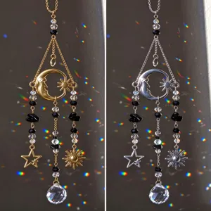 Atrapasol Celestial Sol Luna Estrella Colgante de Cristal Obsidiana Adorno para Espejo Retrovisor de Coche Decoración Estética de Ventana