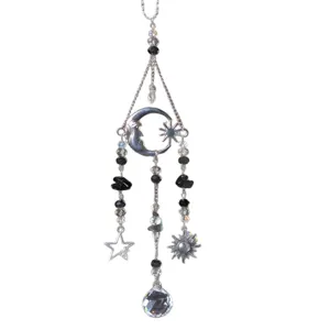 Colgante plateado para el espejo del coche, con luna, estrellas, cuentas negras y una bola de cristal