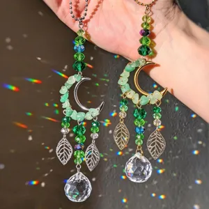 Acchiappasole in Cristallo di Avventurina Verde Naturale a Forma di Luna Pendente in Metallo e Vetro Decorazione per Specchietto Auto Casa
