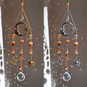 Atrapasol de Cristal Luna Sol Estrella Ornamento Colgante para Espejo Retrovisor de Coche Chapado en Oro Plata Colgante de Bola de Cristal Decoración