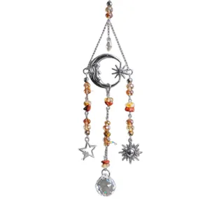 Colgante de cristal para coche con luna, sol, media luna plateada, estrellas y cuentas de ámbar