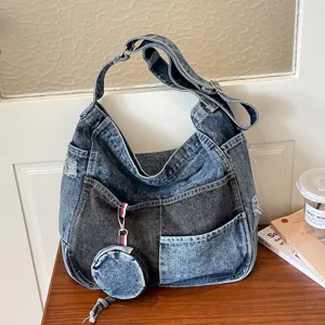 Vintage Denim Patchwork Shoulder Bag For Women Large Capacity Washed Contrast Color Crossbody Bag With Mini Coin Purse Casual Travel Daily Tote Bag