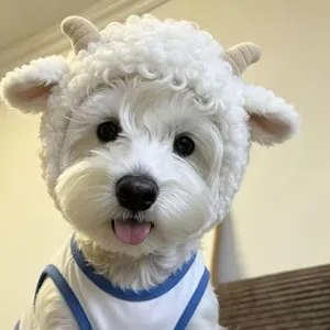 Kleine hond met pluizige witte lammetjesmuts, krullen, hoorntjes en een blauw-wit hondenvest