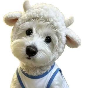Kleine hond draagt een witte, krullende pluchen lamshoed met hoorntjes en oren
