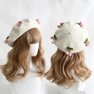 Sweet Cherry Beret Hat For Women Winter Warm Polyester Knitted Painter Hat Handmade Pompom Cherry Decoration Mori Style Accessory