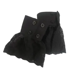 Pair of black lace false cuffs with matte fabric bands, four-button closure and ruffled mesh trim