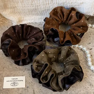 Chouchou en Similicuir PU à Pois Rétro et Daim Synthétique Élastiques à Cheveux Vintage pour Femmes