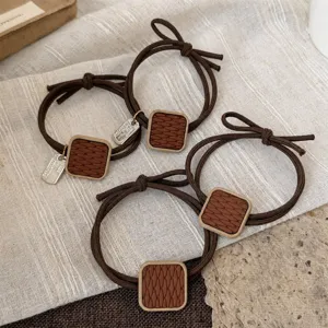 Korean Style Vintage Brown Square Alloy Hair Tie Simple Elastic Ponytail Holder Women Texture Hair Accessories
