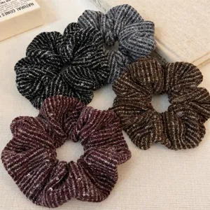 Retro Chanel Style Striped Knit Hair Scrunchies For Women Sequin Thick Fabric Elastic Hair Ties Autumn Winter Ponytail Holder