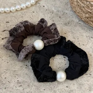 Elegant Faux Mink Fur Pearl Hair Scrunchies For Women Autumn Winter Plush Fabric Elastic Hair Ties Ponytail Holder