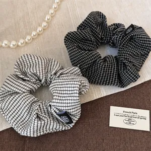 Elegant Tweed Grid Hair Scrunchie Large Fabric Ponytail Holder With Camellia Decoration Label For Women Office Commuting Hair Accessory