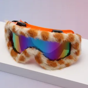 Close-up of rainbow mirrored lenses framed by orange plastic and fluffy animal-print trim