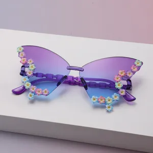 Ansicht violett-blau verlaufender Brillengläser mit bunten, erhabenen Blumen an den Rändern