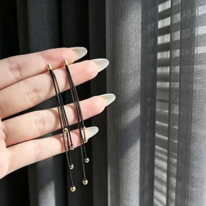 Elegant Black Long Chain Tassel Earrings For Women Real Gold Plated Copper Minimalist Dangle Earrings Fashion Jewelry Gift