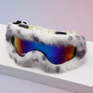 Close-up of white-gray faux-fur trim, rainbow mirror lens, yellow accents and black clips