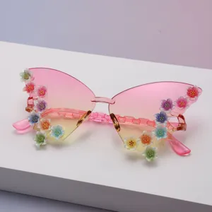 Detail of glittering flower accents on pink-to-yellow gradient lenses and transparent pink temples