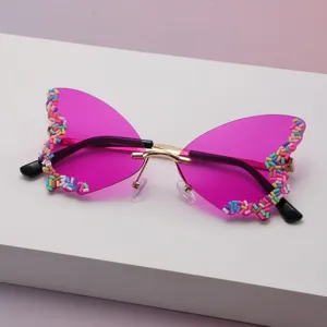 Détail de lunettes papillon sans monture, verres magenta dégradés et bords ornés de perles colorées