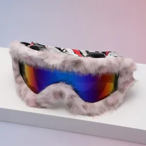 Detail view of goggles with a plush fur frame, colorful mirrored lens, and printed elastic strap
