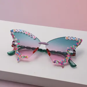 Butterfly Shaped Frameless Party Sunglasses Birthday Girl Letter Beads Decorative Gradient Lenses Novelty Eyewear For Birthday Party Festival
