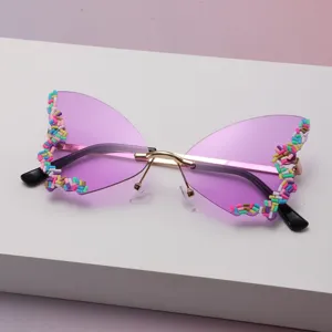 Gros plan sur les verres papillon violets dégradés, le pont doré et les perles colorées aux bords