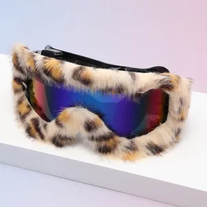 Close-up of leopard-print faux-fur trim surrounding ski goggles with a colorful mirrored lens