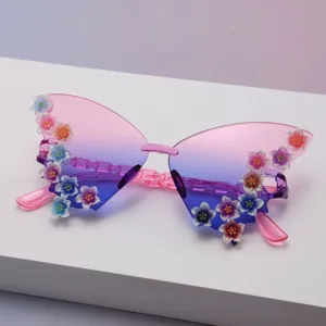 Close-up of pink-purple gradient lenses, clear chain bridge and colorful glitter flower details