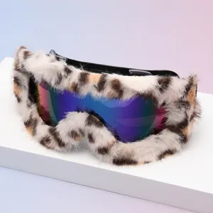 Close-up of leopard-print faux-fur trim framing iridescent mirrored lenses on snow goggles